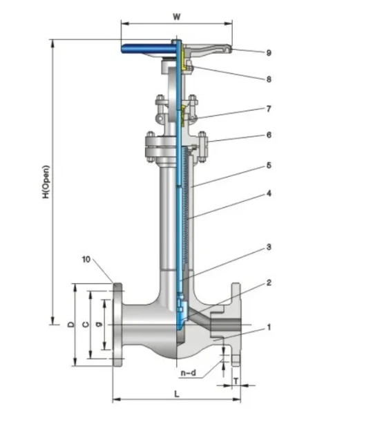 ZGV bellows globe valve catalogue section showing the stem and bellows arrangement, L between the pipe ends and H open referenced from the pipe centreline.