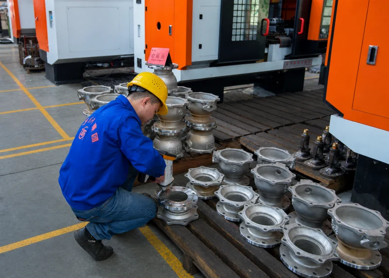 ZGV operator and metal valve components on the manufacturing floor.