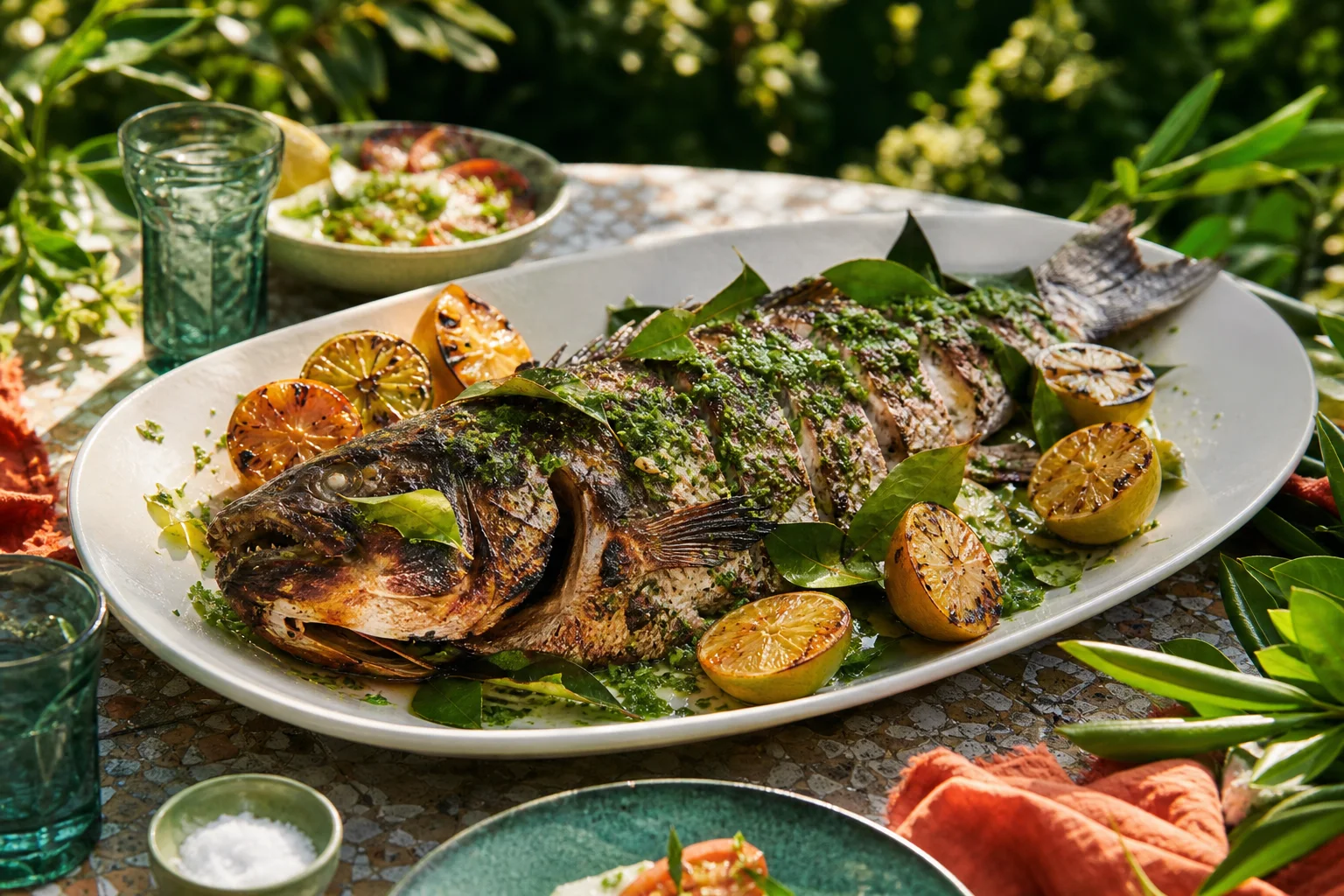 Pesce intero alla brace con erbe e agrumi