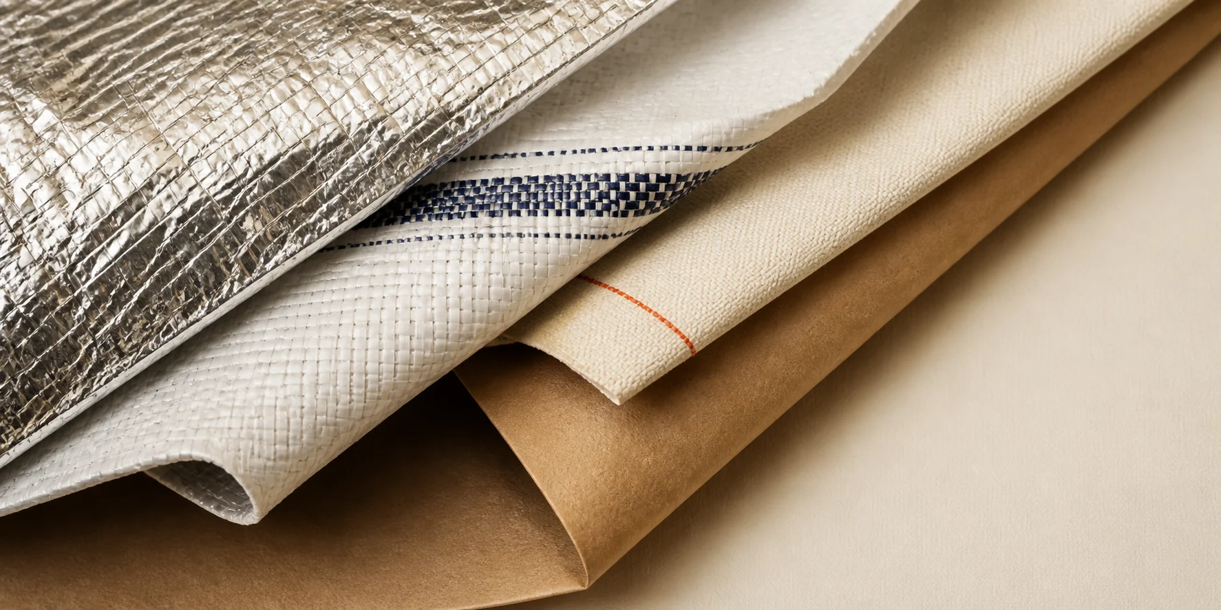 Isoliermaterial, laminiertes PP-Gewebe, Canvas und Papier zum Vergleich angeordnet