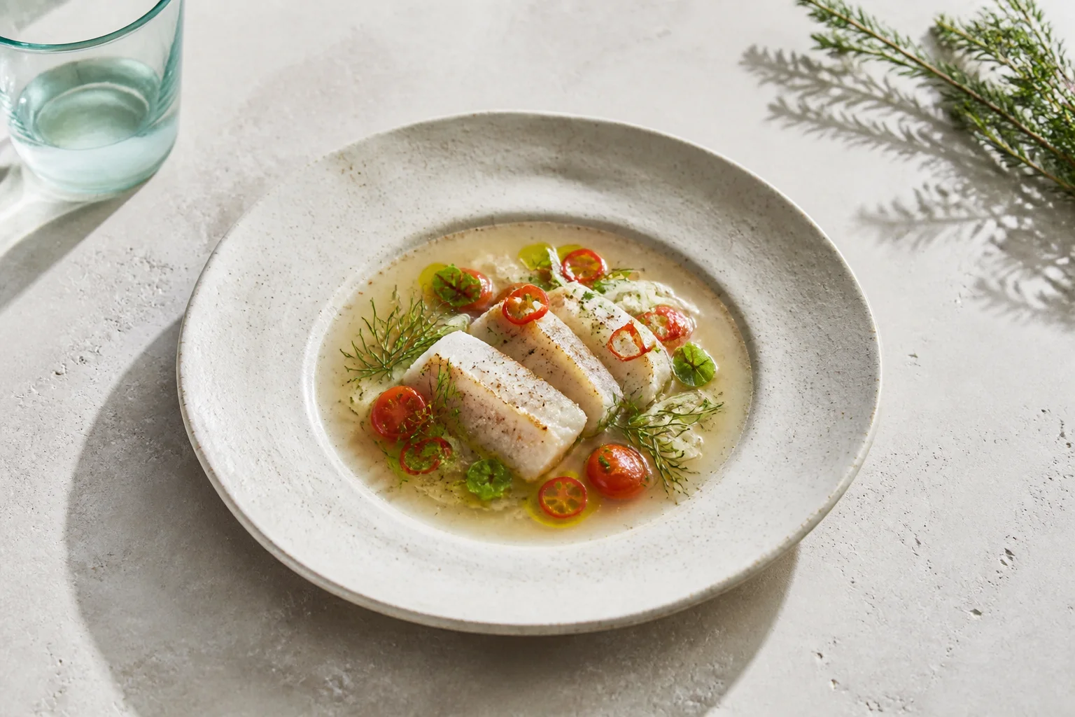 Pesce locale con brodo trasparente ed erbe