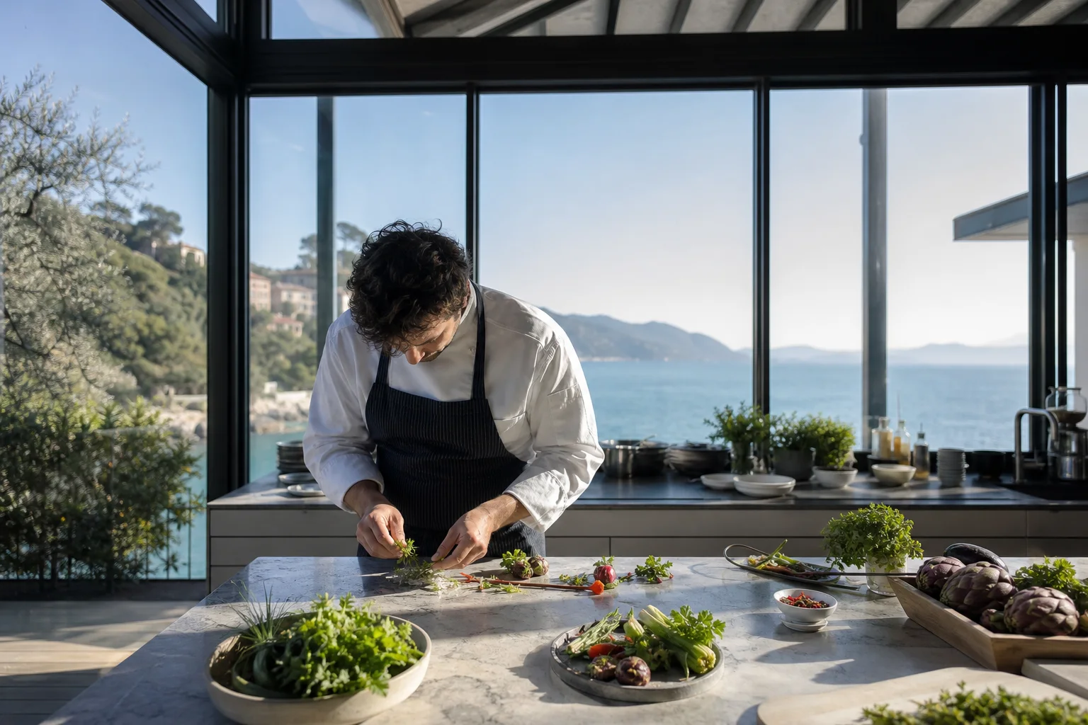 Chef prepara erbe e ortaggi nella cucina luminosa